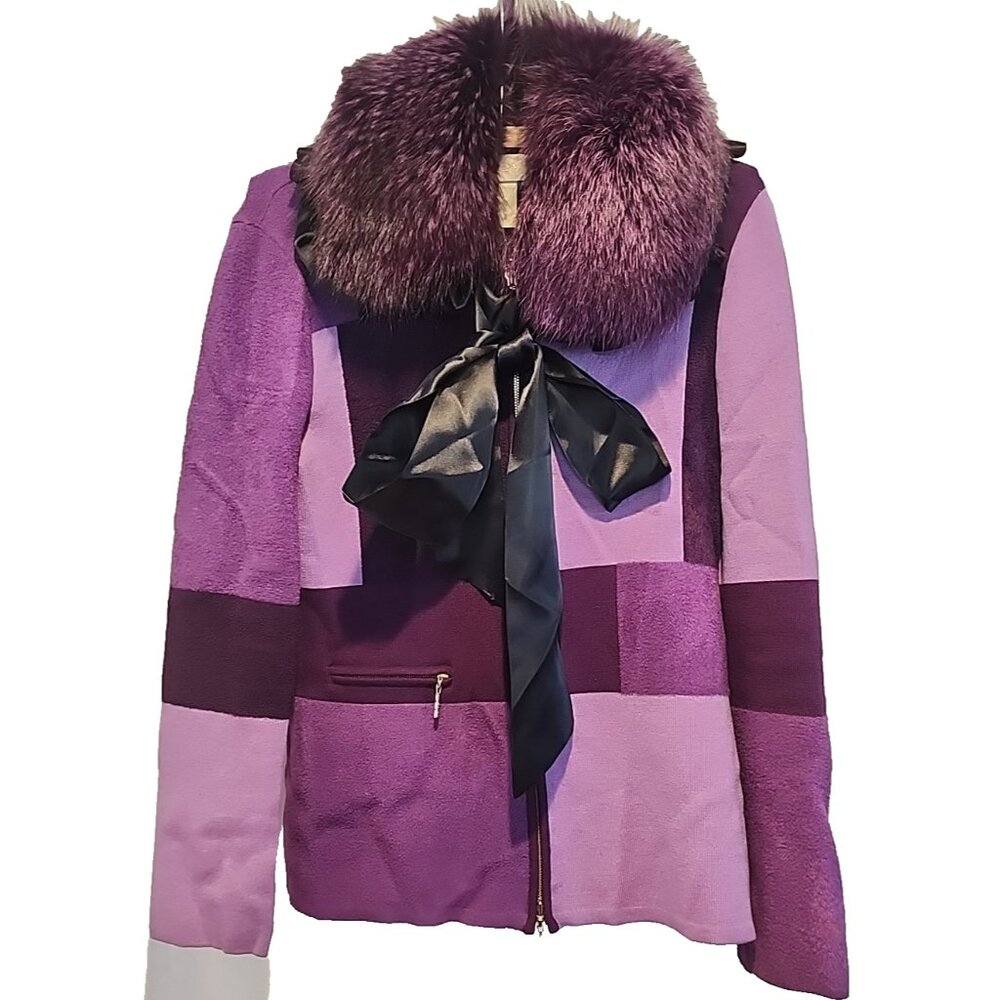 1 of a kind vintage ESCADA s 6 FOX Fur zip up Jacket skirt Suit Wool Purple 36